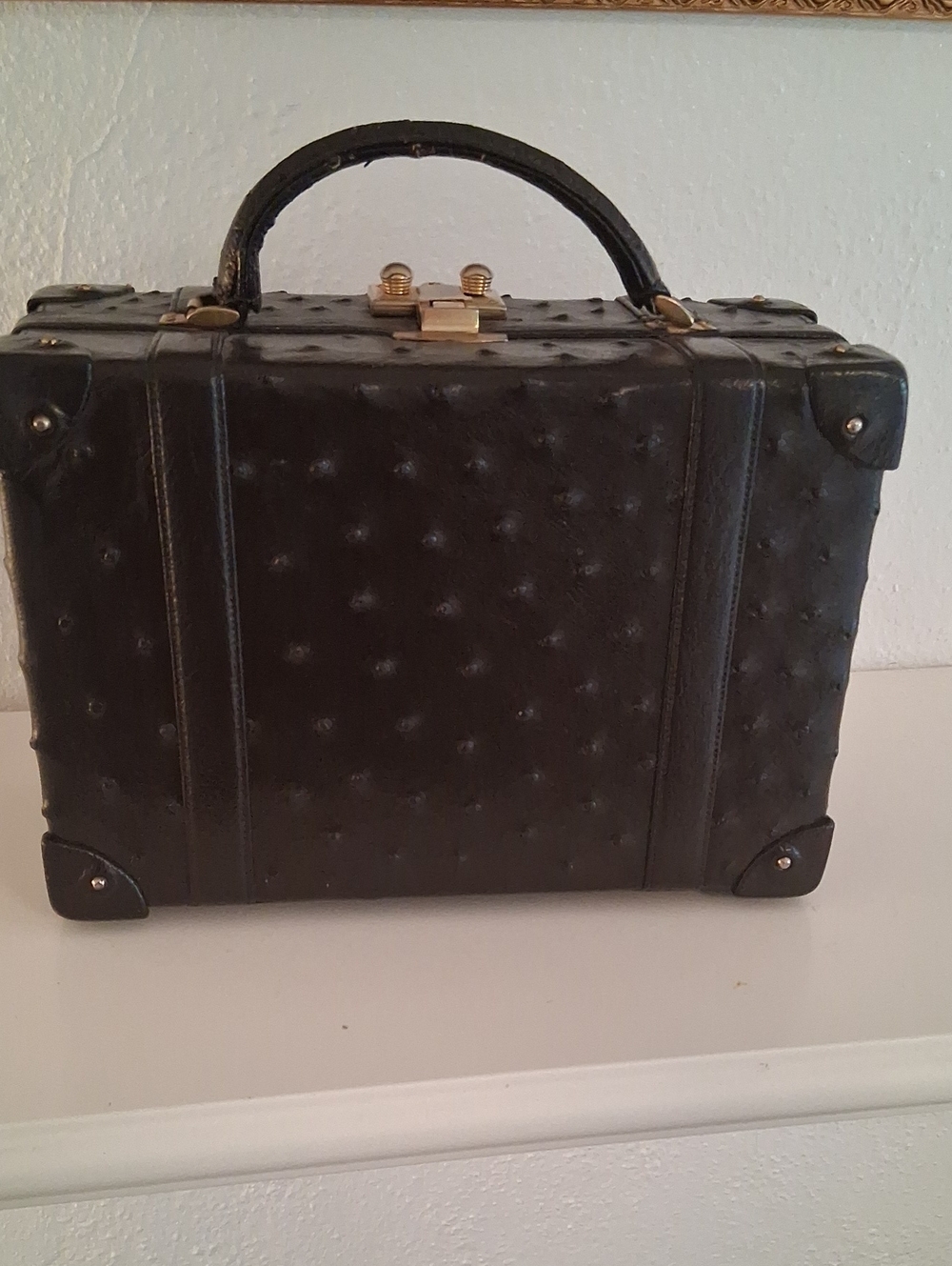 Structured Dark Brown Ostrich Vintage Handbag Gold  Accents Closure